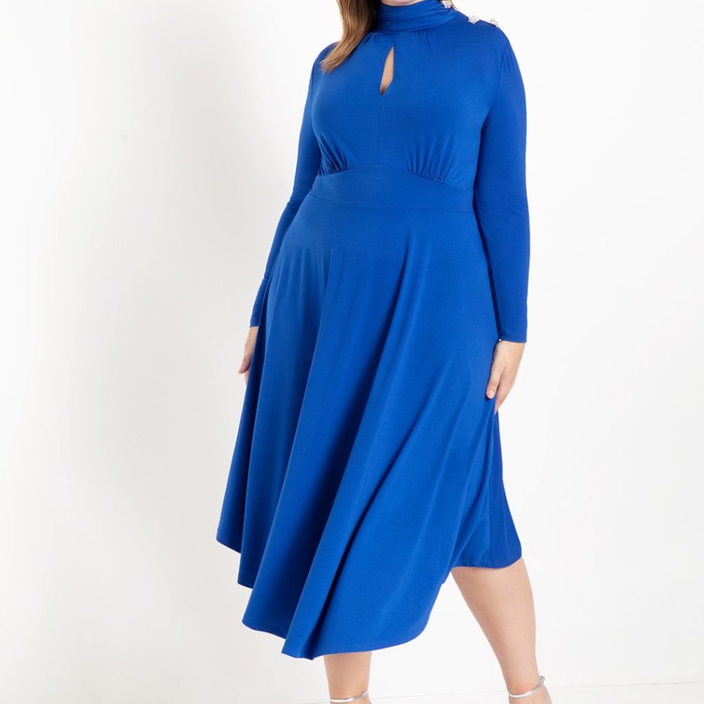 KEYHOLE MOCK NECK DRESS WITH RHINESTONE BUTTONS